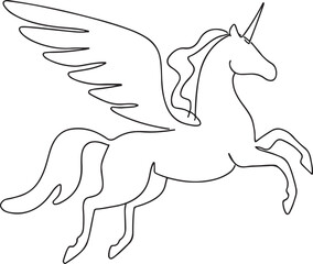 Black and white illustration of a winged unicorn with a spiraled horn and flowing mane standing on a line