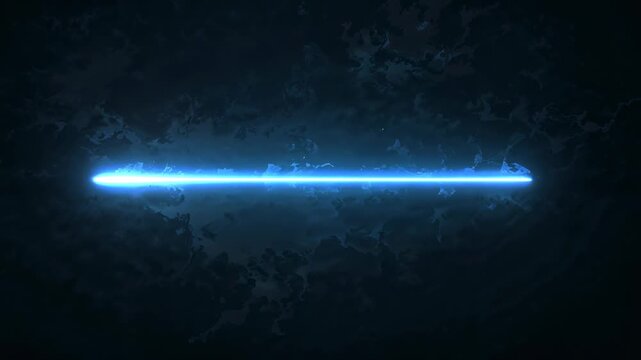 Brightening narrow cyan blue energy bar halo expanding and emitting sparks over nebula