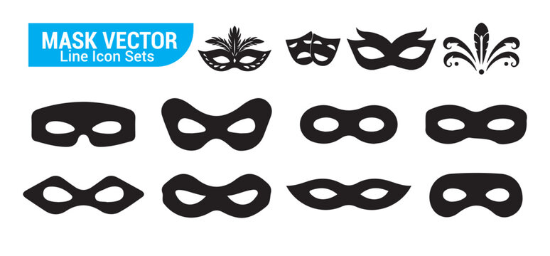 Black mask vector line icon sets. masquerade ball halloween carnival superhero mysterious face disguise costume