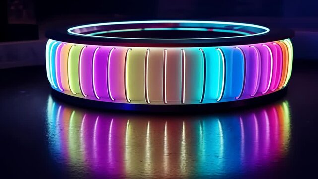 Powering up low-profile LED ring cycling hues, reflecting on glossy table with cyan inner lip