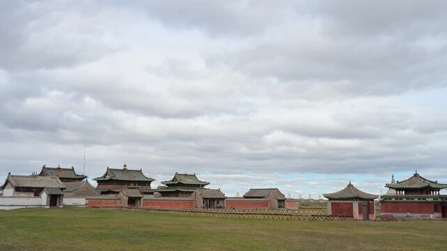 Establishing shot of Erdene Zuu, Mongolia's oldest surviving Buddhist monastery. Founded in 1585, the complex features ancient temples and stupas, highlighting the country's religious heritage.