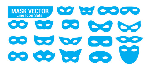Super hero masks vector line icon sets on white background in blue color in flat style © Mojnur