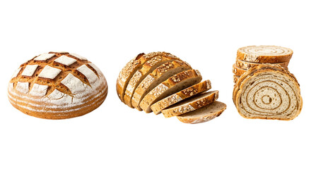 Three different types of artisan bread isolated on transparent background