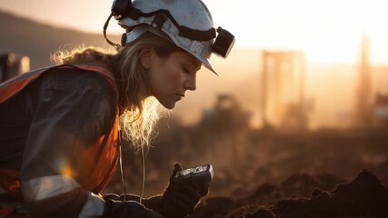 A female engineer evaluating soil strength with digital geotech sensors during sunrise at an excavation site.