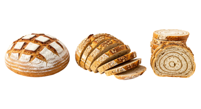 Three different types of artisan bread isolated on transparent background