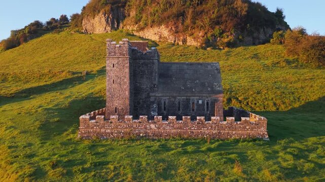 Golden Hour Aerial of the Anchorite&rsquo;s Cell in Fore Ireland, County Westmeath