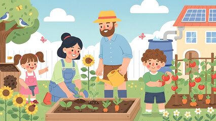 Cartoon vector illustration of family playing with kids in the garden with trees and fun