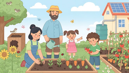 Happy cartoon family with children playing in the garden near the house in summer