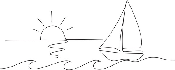 Single continuous one line art sunny ocean travel vacation. Sea voyage sunrise holiday tropical island ship yacht luxury journey sunset concept design sketch outline drawing vector illustration art