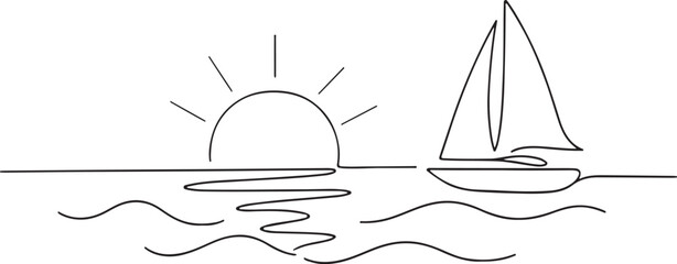 Single continuous one line art sunny ocean travel vacation. Sea voyage sunrise holiday tropical island ship yacht luxury journey sunset concept design sketch outline drawing vector illustration art