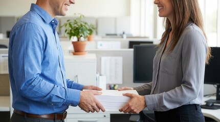 Obraz premium Smiling Colleagues Exchanging Important Business Documents in a Modern Office Environment