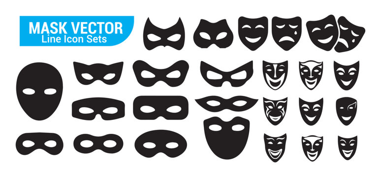 Set of various mask vector line icon sets including different styles of masquerade and theatre masks