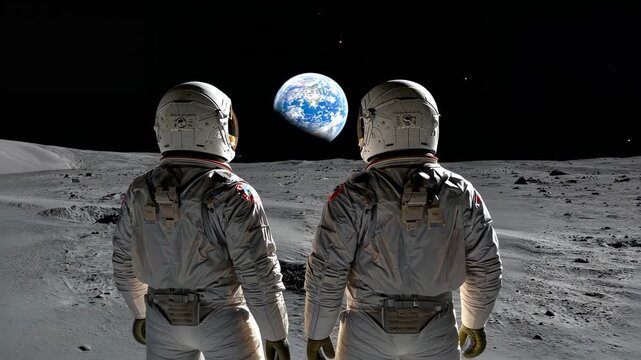 Standing two astronauts in space suits observing Earth rising on lunar plain with PLSS backpacks