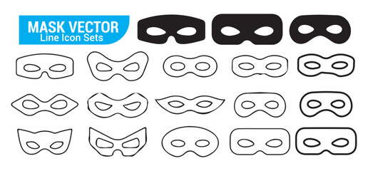 Black outline mask vector line icon sets. masquerade ball halloween carnival superhero mysterious face disguise costume