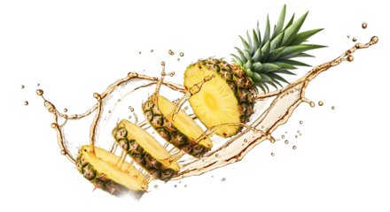 Fresh pineapple slices splashing in juice isolated on transparent background