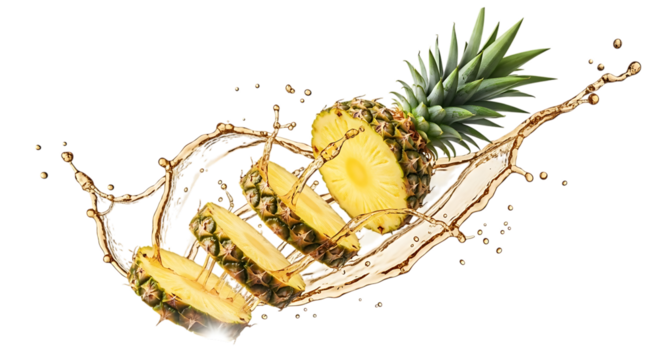 Fresh pineapple slices splashing in juice isolated on transparent background