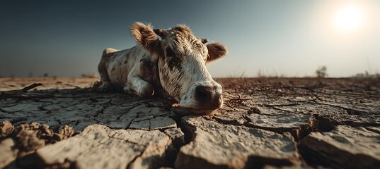 Fototapeta premium A dehydrated cow lies on severely cracked, dry earth under a harsh, bright sun, symbolizing drought