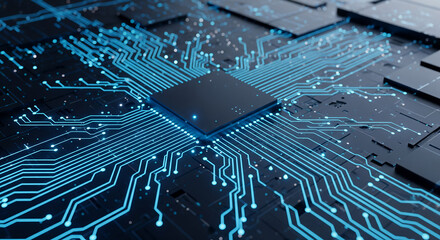 Futuristic digital network circuit with glowing neon connections on black technology surface
