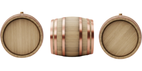 Three Wooden Barrels for Aging Spirits Wine and Beer Copper Hoops Wood Grain Texture Craft on transparent background