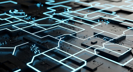 Futuristic digital network circuit with glowing neon connections on black technology surface