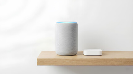 Naklejka premium Minimalist Smart Speaker and Security Hub on Shelf
