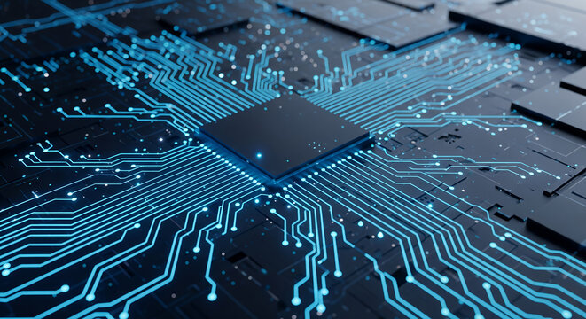 Futuristic digital network circuit with glowing neon connections on black technology surface