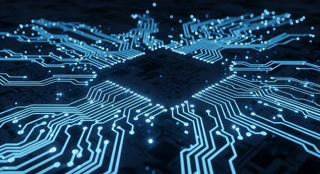 Futuristic digital network circuit with glowing neon connections on black technology surface - Powered by Adobe