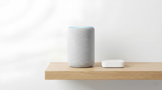 Minimalist Smart Speaker and Security Hub on Shelf