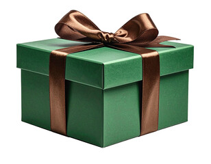 Green gift box with brown ribbon on black background