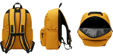 Stylish Mustard Backpack for College School Travel Three Views Back Side Open for Organization on transparent background