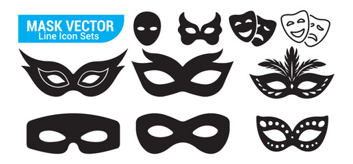 Black decorative mask vector line icon sets. masquerade ball halloween carnival superhero mysterious face disguise