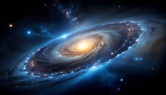 A breathtaking view of a majestic spiral galaxy with a luminous core and brilliant blue arms in deep space.