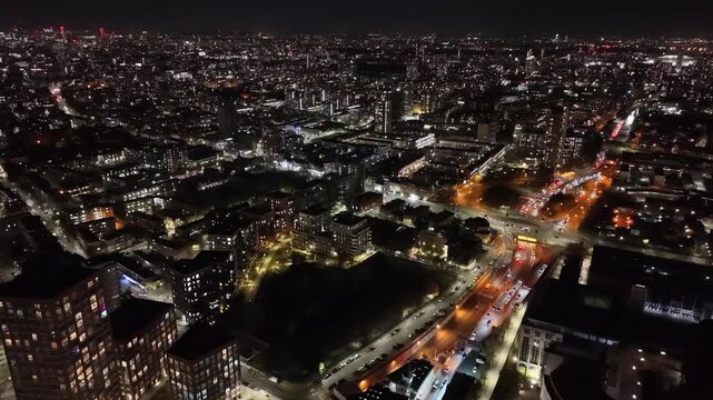 Everning night Busy traffic road network overhead aerial East London 4K footage