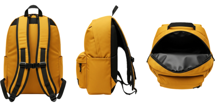 Stylish Mustard Backpack for College School Travel Three Views Back Side Open for Organization on transparent background