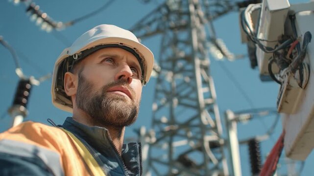 Engineer Inspecting High-Voltage Electrical Lines