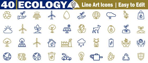 Collection of forty ecology line art icons in blue and gold, easy to edit vector format. 