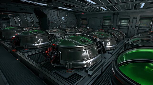 Sliding camera revealing bank of metal containment pods in cargo bay, inspecting green-domed units