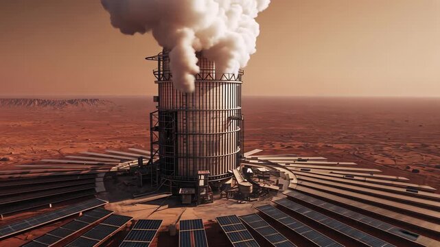 Camera closing, central tower venting steam for cooling on rust desert plain, with radial panels