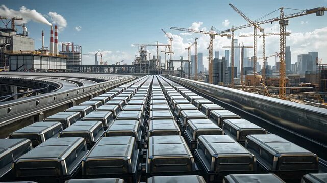 Advancing camera moving forward along elevated tracks, documenting metallic pods and cranes