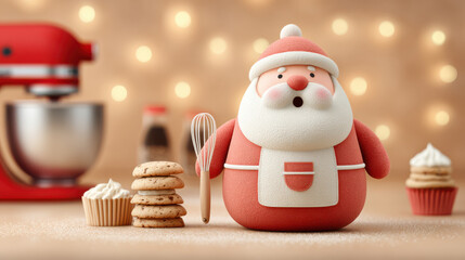Santa character baking holiday cookies and cupcakes with a stand mixer.Santa claus character cooking christmas cookies in kitchen.
