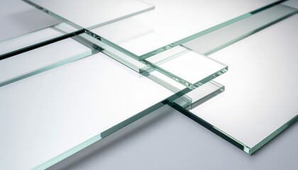 Minimalist abstract composition of overlapping rectangular clear glass panes on a white background.