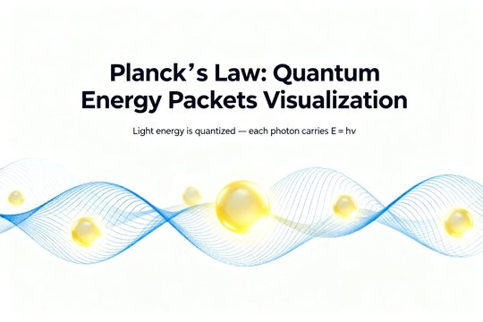 Planck�s Law Visualization Showing Quantum Energy Packets with Oscillating Waves and Spheres