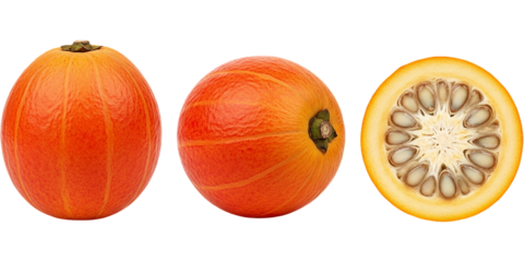 Orange pumpkin trio whole side view and halved with seeds inside showcasing autumnal produce on transparent background