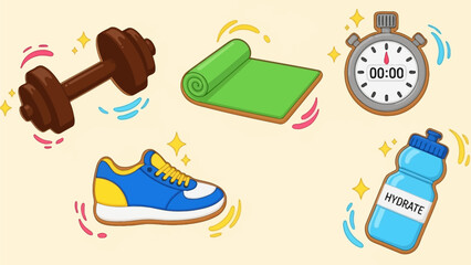 Vibrant collection of cartoon fitness equipment and accessories, perfect for illustrating active lifestyles, healthy routines, and workout essentials, promoting physical well-being