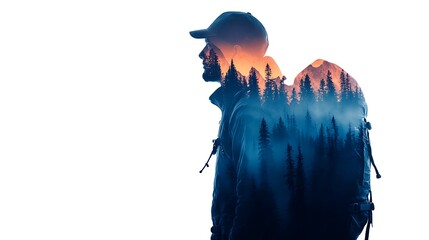 A silhouette of a hiker blends with a forest landscape, embodying adventure and exploration in nature.