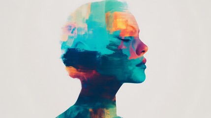 A vibrant, abstract portrait showcasing a woman's profile, painted in vivid colors, blending artistic expression with emotional depth.