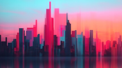 Fototapeta premium A vibrant, abstract city skyline at sunset, featuring tall buildings in shades of pink and blue, reflecting a dreamlike atmosphere.