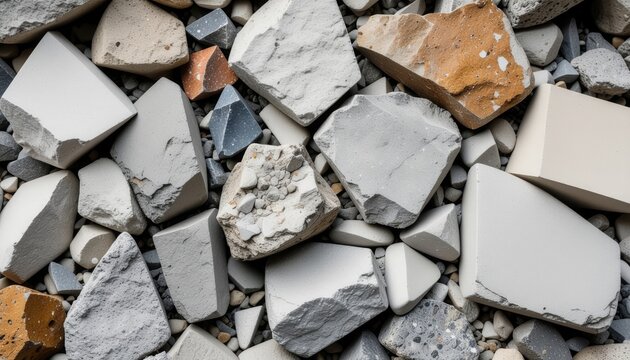 A detailed top-down view of a pile of broken, angular stones and rubble in neutral colors.