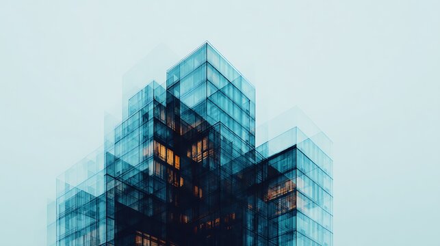 A modern, abstract representation of a glass building with multiple layers, creating a striking visual effect against a pale sky.