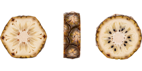 Exotic Cherimoya Fruit Cross Section Annona Deliciosa Slices Tropical Dessert Custard Apple on transparent background